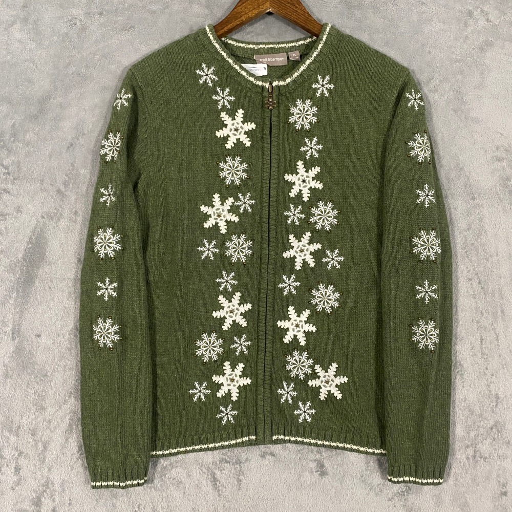 Croft & Barrow Cardigan Sz PL Green Snowflake Full Zip Beaded Holiday Christmas